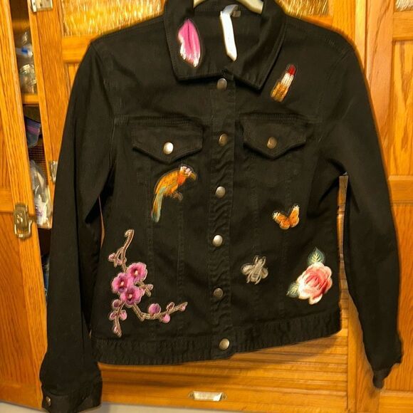 NY Collection Back Jean Jacket with Patches M - Picture 1 of 8